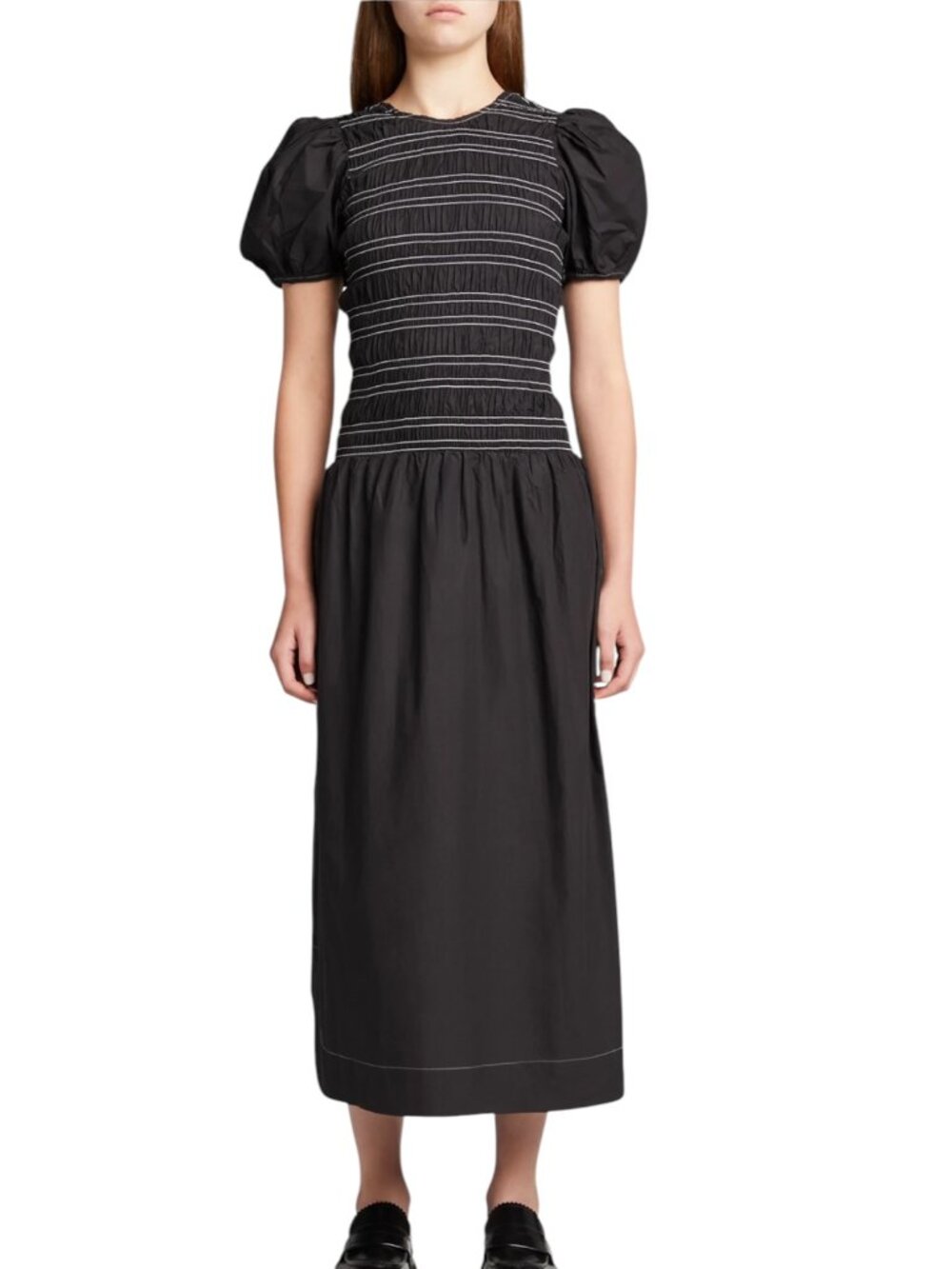 Ganni Smocked Midi Dress Puff Sleeve Fit Flare Scoop Back Black 38 US 6